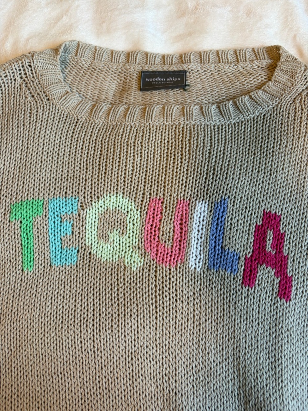 Wooden Ships Beige Crewneck Sweater with Multicolor TEQUILA Lettering - Picture 2 of 4